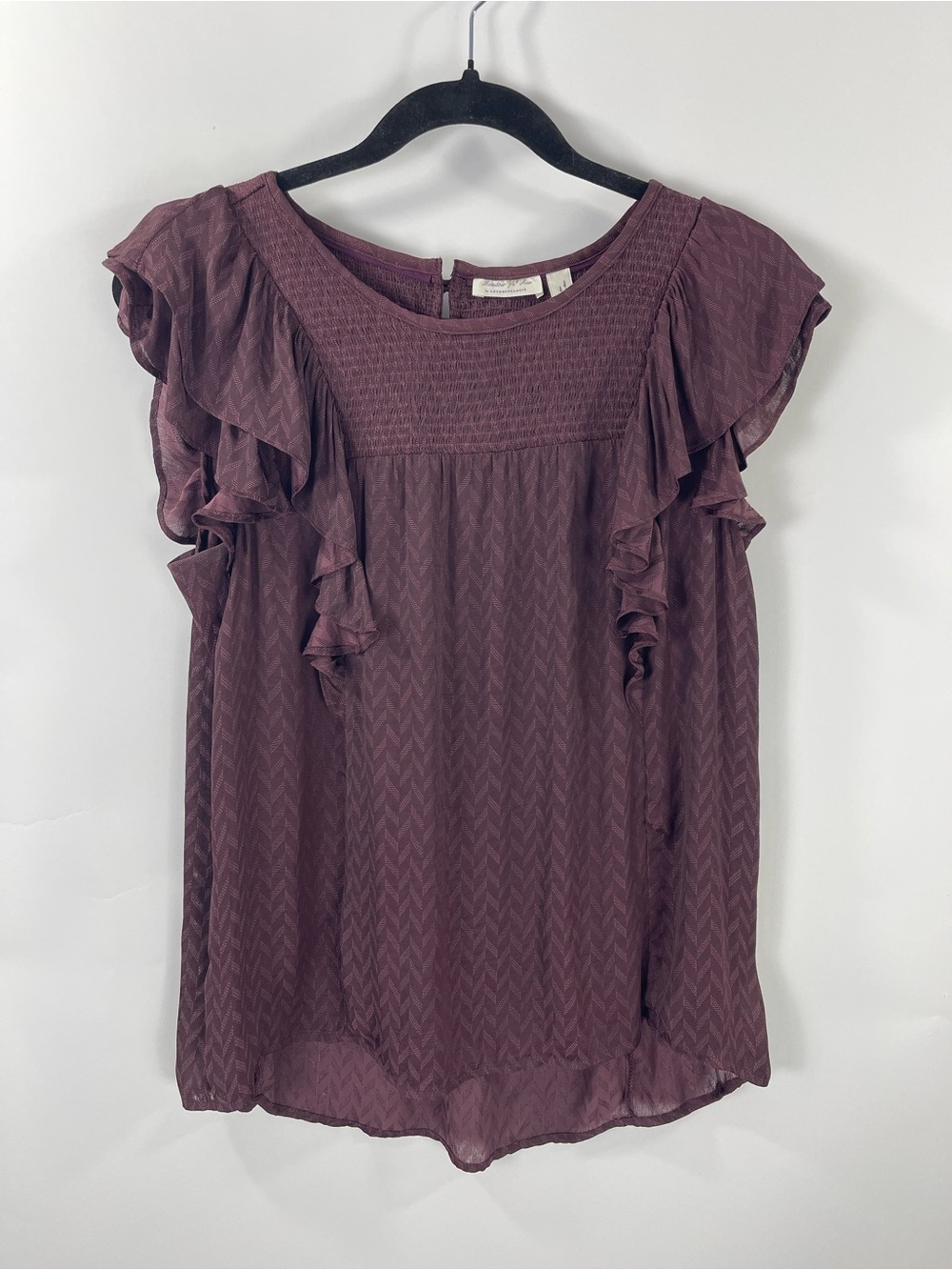Anthropologie Meadow Rue Cottagecore Plum Chevron Print Ruffle Blouse Top Sz 10